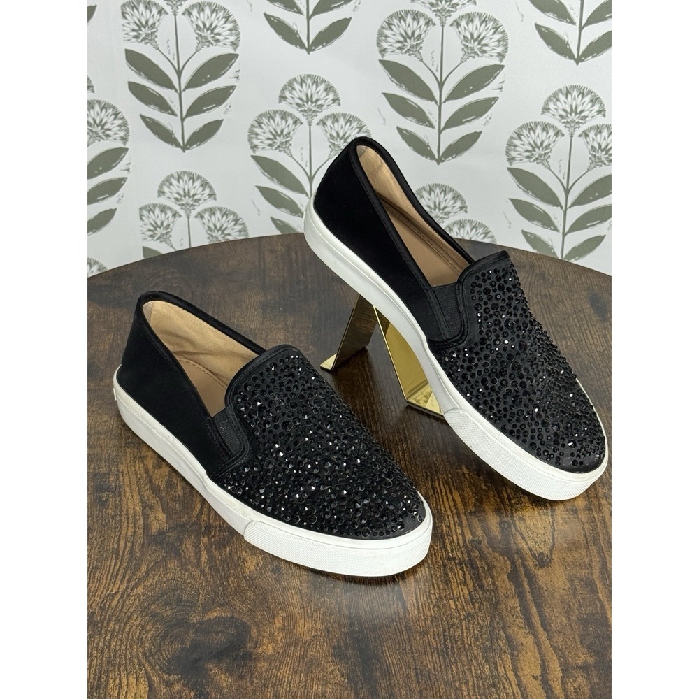 INC International Concepts Women's Black Satin Rhinestone Slip-On Flats 7 M